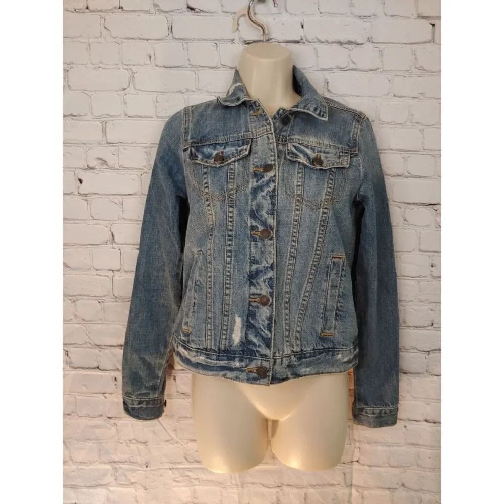 Abercrombie & Fitch Kids Girls Size XS Blue Distressed Denim Jacket.